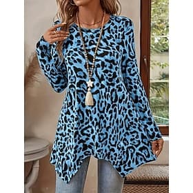 Women's Tunic Print Graphic Leopard Vintage Fashion Casual Long Sleeve Crew Neck Long Tops Daily Weekend Blue Pink Red Purple Brown Fall Winter