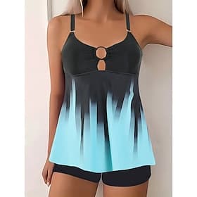 Women's Tankini 2 Piece Swimsuit Shorts Tummy Control High Waist Slim Backless Vacation Beach Wear Ombre U Neck Sleeveless Bathing Suits