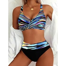 Women's Bikini 2 Piece Swimsuit High Waist Vacation Fashion Graphic Striped V Neck Sleeveless Bathing Suits