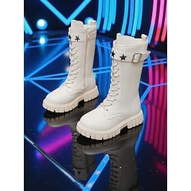 Kid's Korean Idol Inspired Pop Star Costume Shoes - White Faux Leather Boots with Star Buckle Strap, Trendy and Comfortable, Ideal for Casual Wear, Party, and