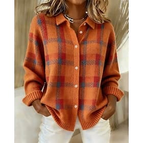 Women's Sweater Cardigan Elegant Fashion Streetwear Solid Color Plaid Shirt Collar Patchwork Buttons Knitted Long Sleeve Regular Tops Knit Daily Home Outdoor B
