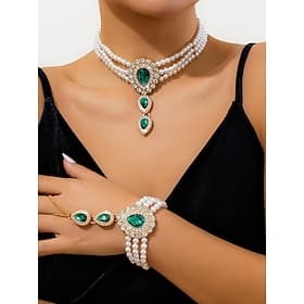 Women's Pearl and Emerald Jewelry Set - Elegant Rhinestone Choker Necklace and Bracelet for Ballroom Dance, Prom or Evening Party