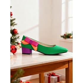 Women's Green Pumps with Colorful Bow – Stylish Holiday Party Shoes, Perfect for Christmas, New Year and Formal Occasions