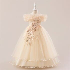 Kids Girls' Dress Party Dress Solid Color Sleeveless Formal Performance Special Occasion Lace Mesh Fashion Daily Princess Polyester Maxi Party Dress Swing Dres