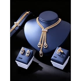 Conjunto de joias femininas em tom dourado com cristais - elegante colar de várias camadas, brincos, pulseira e anel para casamentos, festas noturnas e looks f