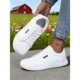 Women's Classic White Faux Leather Wide Fit Sneakers – Lace-Up Casual Flat Shoes for Tennis, Walking, School  Everyday Wear