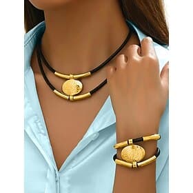 Women's Bohemian Leather and Metal Statement Necklace  Bracelet Set, Adjustable, Available in Gold and Silver – Perfect for Casual and Evening Wear