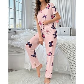 Women's Pajamas Loungewear Pajama Set Casual Butterfly Elastic Waist Pant Home Daily Bed Short Sleeve Crew Neck Pink Summer Spring Loose Fit