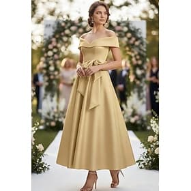 A-Line Ankle Length Satin Dress Wedding Guest Dress Formal Dresses Mother of the Bride Dress Short Sleeve Off Shoulder Elegant Simple Formal Wedding Guest Cock