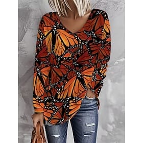 Femmes T-shirt Imprimé Graphique Papillon ancien Élégant Occasionnel manche longue Col en V Hauts Réguliers Quotidien Bleu Violet Orange Vert Printemps Automne
