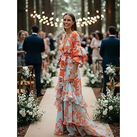 A-Linie Bodenlänge Hochzeitsgast Kleid Formelle Kleider Abendkleid Mutter der Braut Kleid Lange Ärmel V-Ausschnitt Party Hochzeitsgast mit Druck