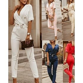Women's Jumpsuit Active Solid Color Half Sleeve V Neck Pocket Buttons Vacation Work Regular Fit Blue White Pink Spring