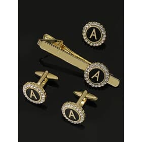 Men's Gold Initial Cufflinks and Tie Clip Set, Rhinestone Letter Design, Luxury Formal Accessories for Groom, Wedding and Business