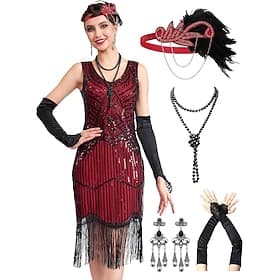 Set Années Folles Années 1920 Mi-long Robe Robe Charleston Tenues avec accessoires Sans manches Gatsby le Magnifique Charleston Paillettes Frange à pompons Plu