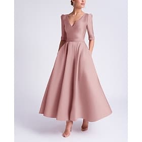 A-Linie Tee-Länge Cocktailkleider Partykleider Elegant Halbarm V Ausschnitt Formell Hochzeitsgast Satin mit Tasche