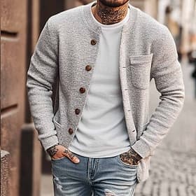 Herren Pullover Strickjacke Gerippt Stricken Normale Oberteile Gestrickt Einfach Rundhals Urlaub Mode Lässig Alltagskleidung Bekleidung Herbst Winter Grau S M
