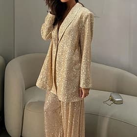 Women's Pants Sets Bolero Top Blazer Suits Long Sleeve V Neck Solid Color Sequins Patchwork Elegant Warm Active Daily Outdoor Office Silver Black Gold Summer L