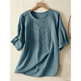 Women's Shirt Embroidered Solid Color Floral Casual Boho 3/4 Length Sleeve Elbow Sleeve Crew Neck Regular Tops Daily Going out Blue Light Green Purple Summer