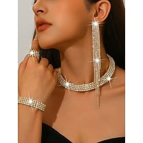 set di gioielli da donna con strass dorati: collana scintillante, orecchini, braccialetto set di anelli per cocktail party, matrimoni ed eventi formali