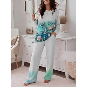 Women's Two Piece Sets Tracksuit Pants Sets Long Sleeve Crew Neck Floral Graphic Butterfly Print Daily Stylish Casual Daily Green Spring Regular Fit