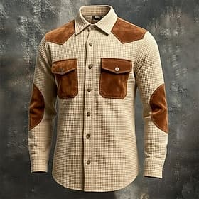 Men's Shirt Waffle Shirt Casual Shirt Vintage Shirt Button Up Shirt Cargo Shirt Black khaki Long Sleeve Color Block Lapel Outdoor Casual Patchwork Clothing App