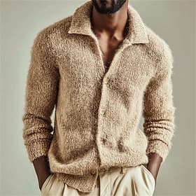 Men's Sweater Cardigan Sweater Ribbed Knit Regular Tops Knitted Plain V Neck Vacation Fashion Casual Daily Wear Clothing Apparel Fall  Winter Spring   Fall kha