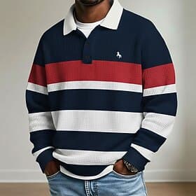 Men's Horizontal Stripes Waffle Polo Shirts Rugby Polo Shirts Long Sleeve Polo Shirts Collared Shirts Casual Athleisure Daily Wear Buttons Spring Fall Winter R