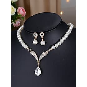 Women's Pearl Rhinestone Jewelry Set for Party - Elegant Crystal Teardrop Pendant Necklace and Dangle Earrings for Brides, Evenings and Formal Events