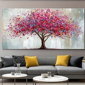 Handgemaltes, farbenfrohes, abstraktes Baumbild auf Leinwand, 3D-strukturierte Baumbilder, handgefertigte Regenbogenblütenbaum-Wandkunst, helles und fröhliches