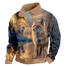 Herren Fuchs 3D-Druck Pullover Vintage-Retro Jagd Stehkragen Outdoor Arbeit Geschenk Schwarz Blau Braun Reißverschluss Herbst Winter Designer S M L XL XXL XXXL