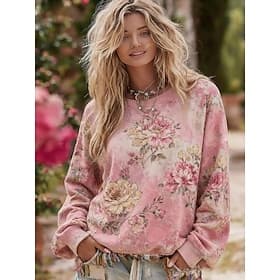 Women's Pullover Sweatshirt Floral Casual Long Sleeve Crew Neck Regular Tops Casual Street Dailywear Pink Spring Fall Winter