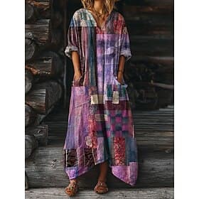 Damen Midi Kleid Boho Maxi Kleid A-Linie Kleid Urlaub Lässig Lockerer Schnitt Grafisch Geometrisch Abstrakt Langarm V-Ausschnitt Blau Lila Grün Beige Frühling