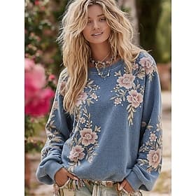 Women's Pullover Sweatshirt Floral Casual Long Sleeve Crew Neck Regular Tops Casual Street Dailywear Blue Spring Fall Winter