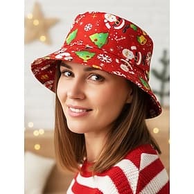 Women's Christmas Bucket Hat, Polyester Material, Festive Santa and Reindeer Print, Holiday Headwear for Parties and Winter Celebrations