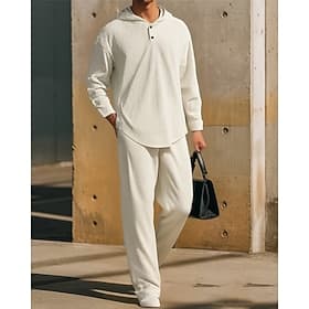 Men's Hoodie Tracksuit Hoodie  Pants Set Hoodie Outdoor Vacation Daily Drawstring Plain Black Khaki Activewear Sports Fashion Fall