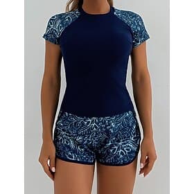 Maillot de bain 2 pièces tankini femme shorts palmier contrôle du ventre taille haute ajusté sans dos vacances plage floral feuilles col rond manches courtes