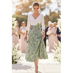 A-Line Dress Tea Length Beaded Eembroidered Party Dress Cocktail Dress Mother of the Bride Dress 3/4 Length Sleeve V Neck Elegant Vintage Wedding Guest Cocktai