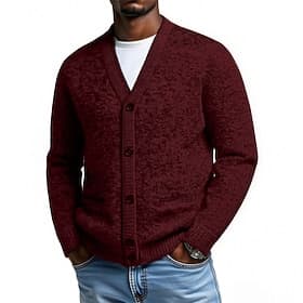 Men's Sweater Cardigan Sweater Cardigan Ribbed Knit Regular Tops Buttons Plain V Neck Fashion Streetwear Vacation Casual Clothing Apparel Fall Winter Burgundy