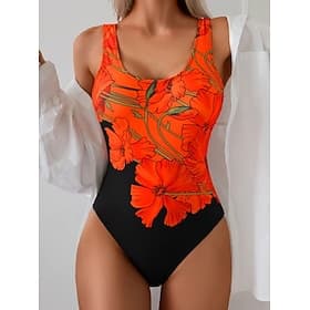 Damen Badeanzug schlank machender Monokini Slips Bauchkontrolle hohe Taille schlank rückenfrei Urlaub Vintage floral grafisch U-Ausschnitt ärmellose Badeanzüge