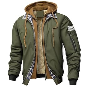 Men's Graphic US Flag Winter Coat Padded Hooded Jacket Thermal Warm Sporty Casual Outdoor Dailywear Zip Up Adjustable Drawstring Hood Plaid Lined Outerwear Fal