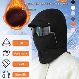 Winter Windproof Full Cover Outdoor Riding Mask with Glass Fleece-Lined Military Earflap Hat, Unisex Cold Weather Face Cover, Thickened Warm Trapper Hat for Cy