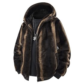 Men's Winter Jacket Fleece Jacket Faux Fur Coat Vacation Daily Thermal Warm Pocket Fleece Fall  Winter Leopard Plain Fashion Streetwear Hooded Regular Black Br