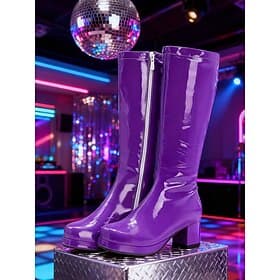 Women's Purple Patent Faux Leather Knee-High Boots – Stylish Zipper Detail, Chunky Heels, 1980s Retro Disco Style for Parties, Night Out and Bold Fashion Looks