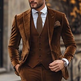 Men's Velvet Suit Casual Business Black Red Fall  Winter Suit Peaked Lapel Notch Lapel Daily Business Solid Colored Tailored Fit 3 Piece Single Breasted One-bu