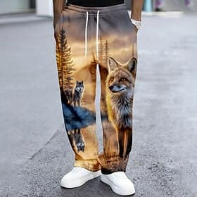 Men's Fox Wildlife Nature  Landscapes Sweatpants Trousers Casual Pants Mid Waist Vintage Retro Outdoor Hunting Workout Elastic Drawstring Waist Straight Leg Pa