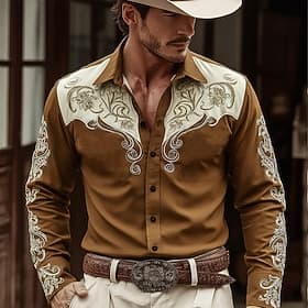 Per uomo Stampa Floreale Etnico Fiori Camicia Camicia Western Camicia da cowboy Manica Lunga Vintage Retrò Casuale All'aperto Abbigliamento da lavoro Primavera thumbnail 2