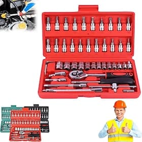 Cordless Slim Ratchet Set, 1/4 inch Drive Socket Ratchet Wrench Set, 46pcs Ratchet Wrench Kit, Portable Mechanics Tool Kit with Ergonomic Grip, Compact Case fo