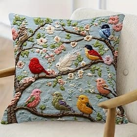 Spring Bird Inspired Pillow Cover with 2D Flat Print Modern Style Single-Sided Embroidery Design Zipper Closure Polyester Fabric Decorative Cushion Case for Ho