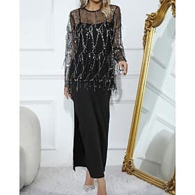 Women's Skirt Sets Bolero Top Long Sleeve Round Neck Solid Color Sequins Tassel Fringe Elegant Active Party Cocktail Party Party / Cocktail Black Spring Regula