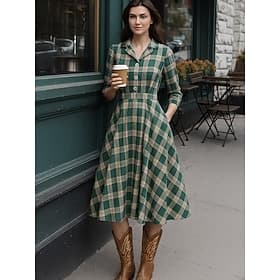 Damen Midikleid Figurbetontes Kleid Lässig Täglich Normale Passform Karomuster Dreiviertelarm Revers Grün Herbst Winter